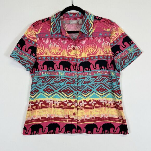Chico's Rainbow Elephant Safari Button Front Shirt Top Women's Sz 1 Medium 8 - Picture 1 of 6